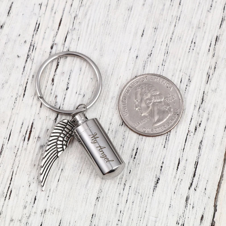 Angel Wing Charm Polish Cylinder Memorial Key Chain