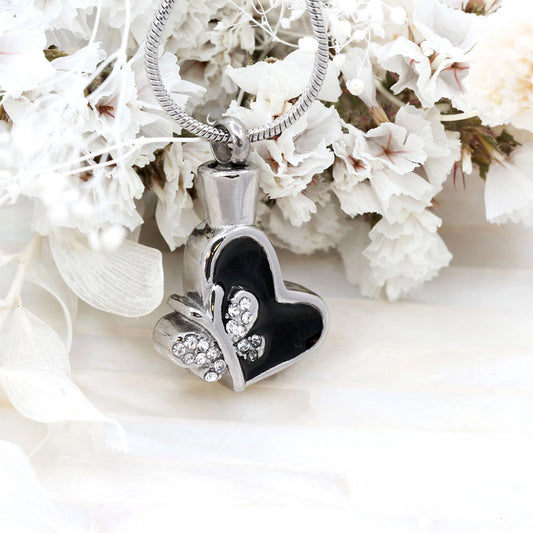 Crystal Black Butterfly Heart Memorial Necklace