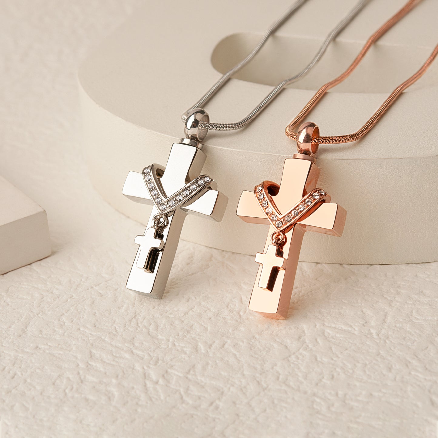 Rose Gold Premium Collet Cross Memorial Necklace