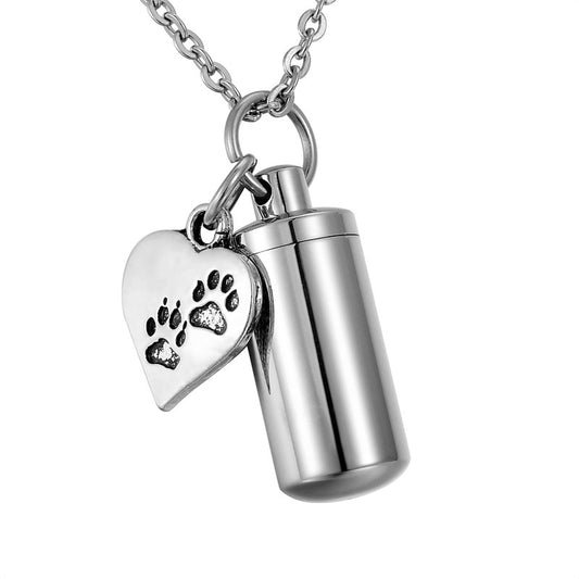 Silver Cylinder with Paw Print Heart Charm Ashes Holder Necklace