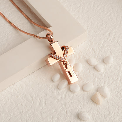 Rose Gold Premium Collet Cross Memorial Necklace