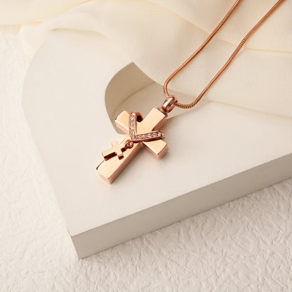 Rose Gold Premium Collet Cross Memorial Necklace