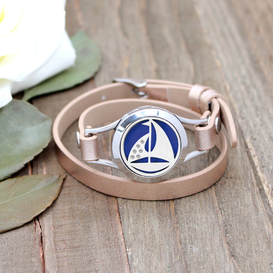 Mini Sail Boat Aromatherapy Double Strap Leather Bracelet