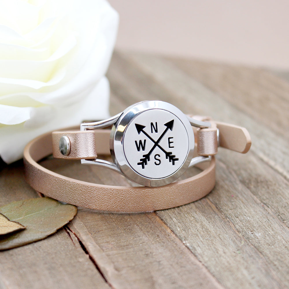 Compass Aromatherapy Double Strap Leather Bracelet