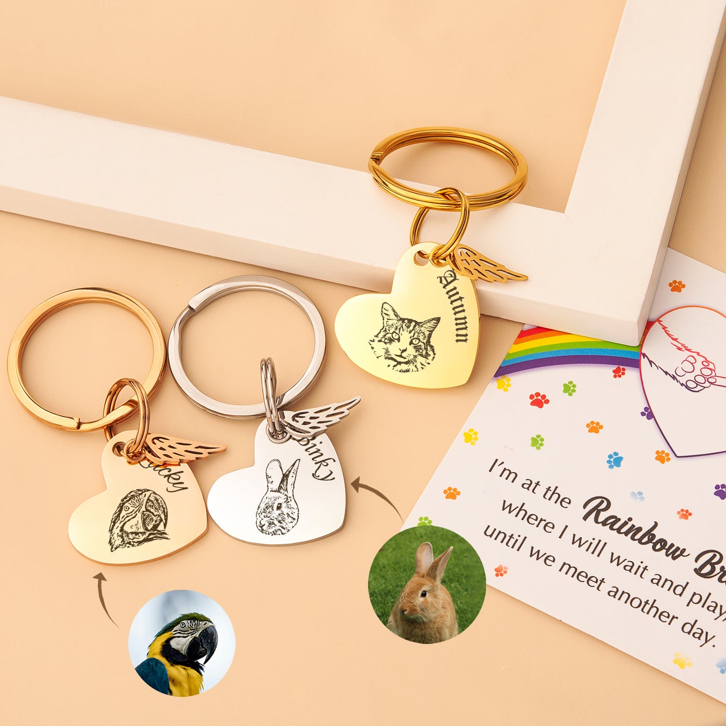 Sideways Heart Pet Portrait Rainbow Bridge Key Chain