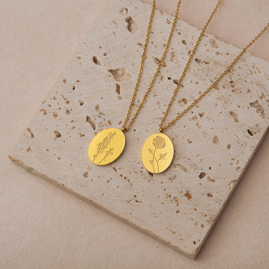 Gold Oval Birth Flower Necklace