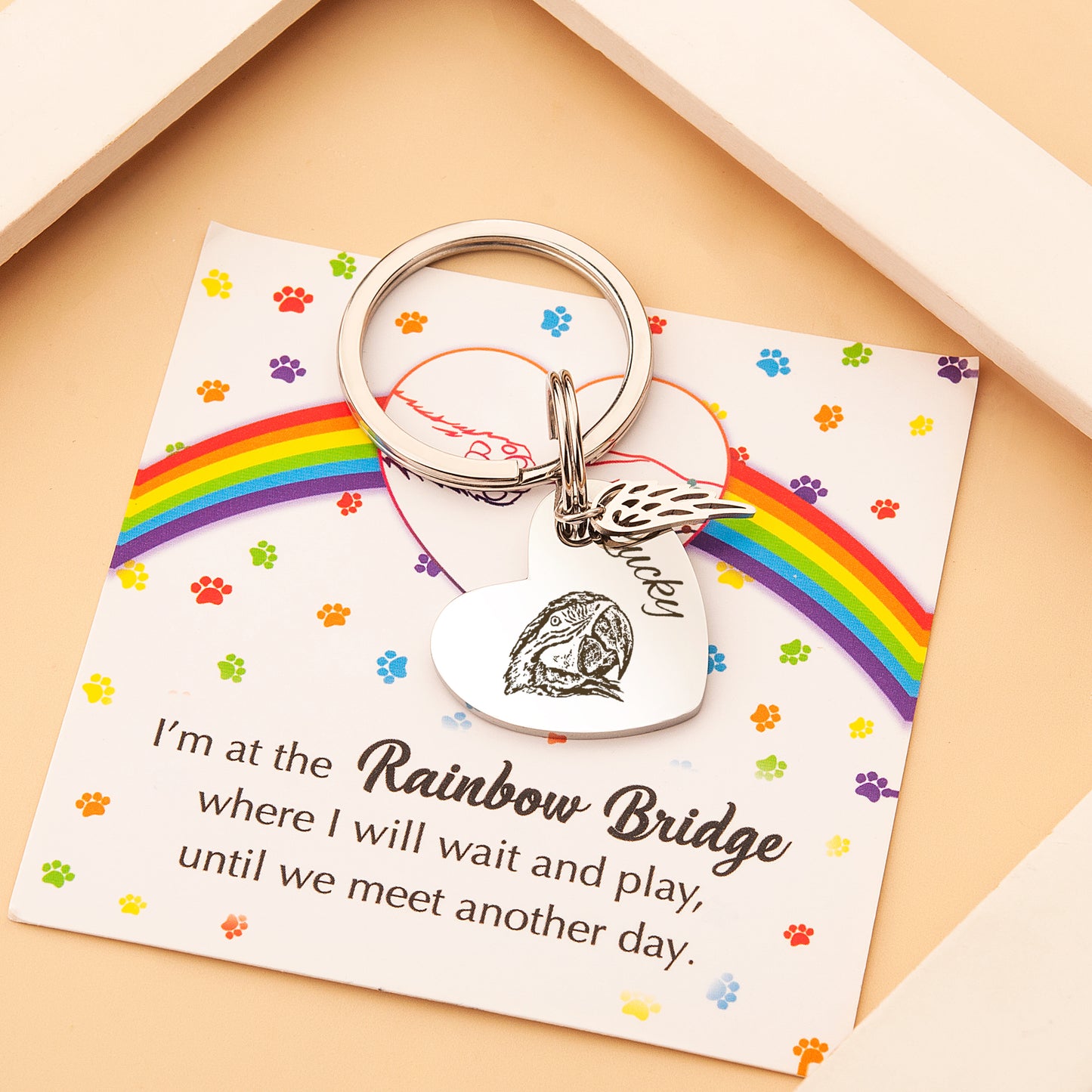 Sideways Heart Pet Portrait Rainbow Bridge Key Chain