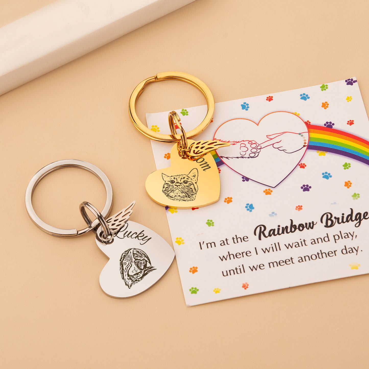 Sideways Heart Pet Portrait Rainbow Bridge Key Chain