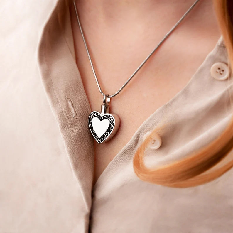 Black Floral Heart Memorial Necklace