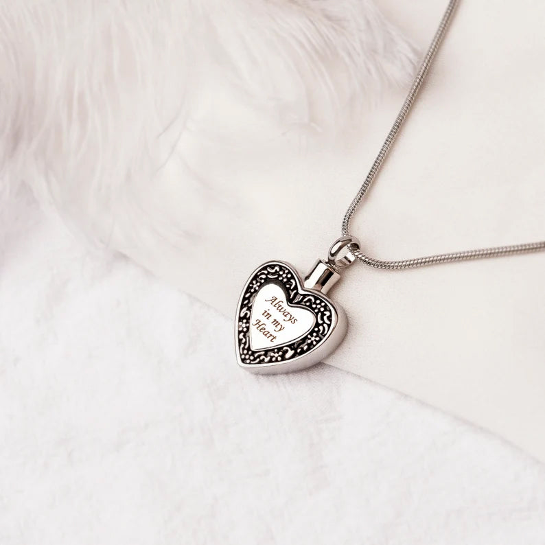 Flower "Always in my Heart" Heart Memorial Necklace