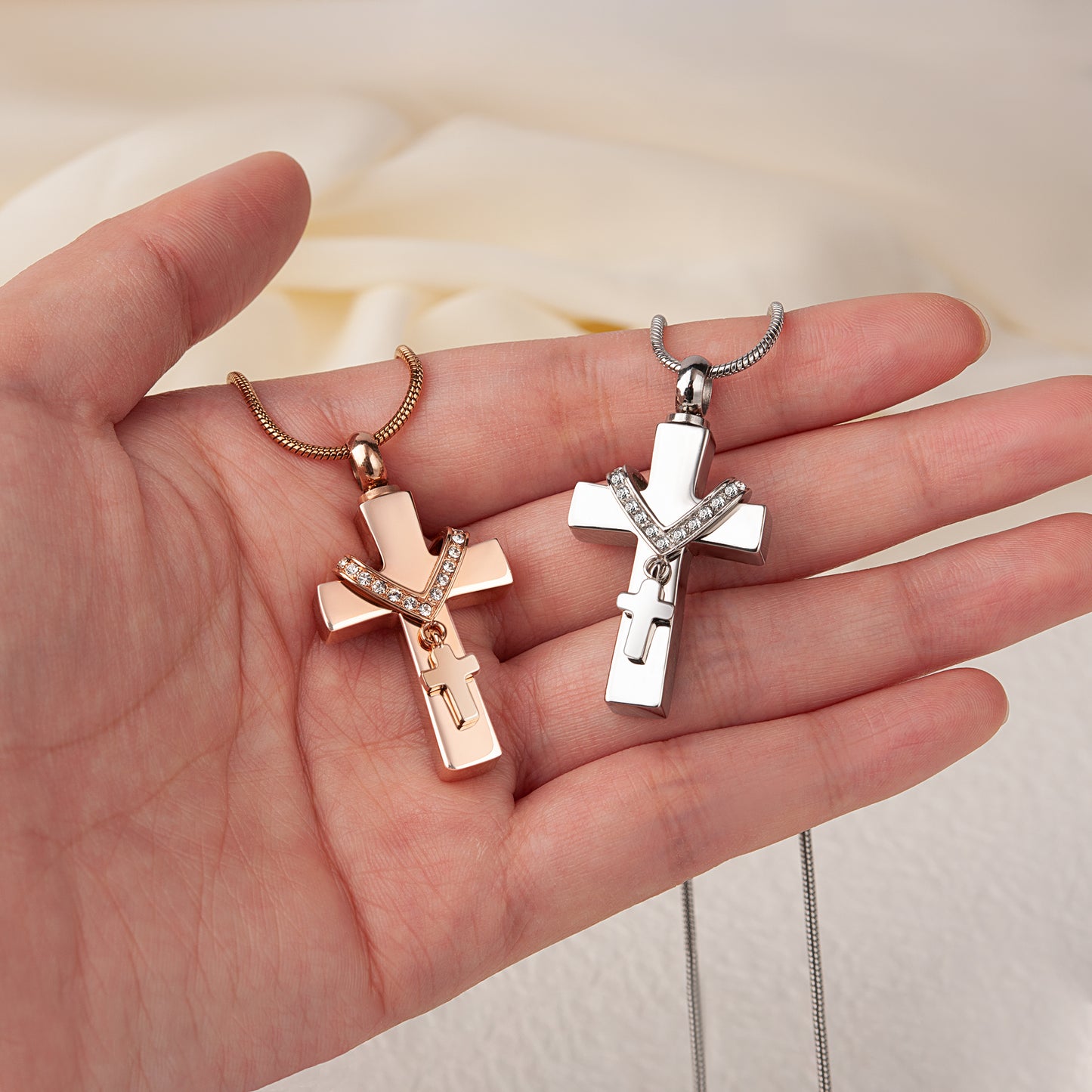 Rose Gold Premium Collet Cross Memorial Necklace