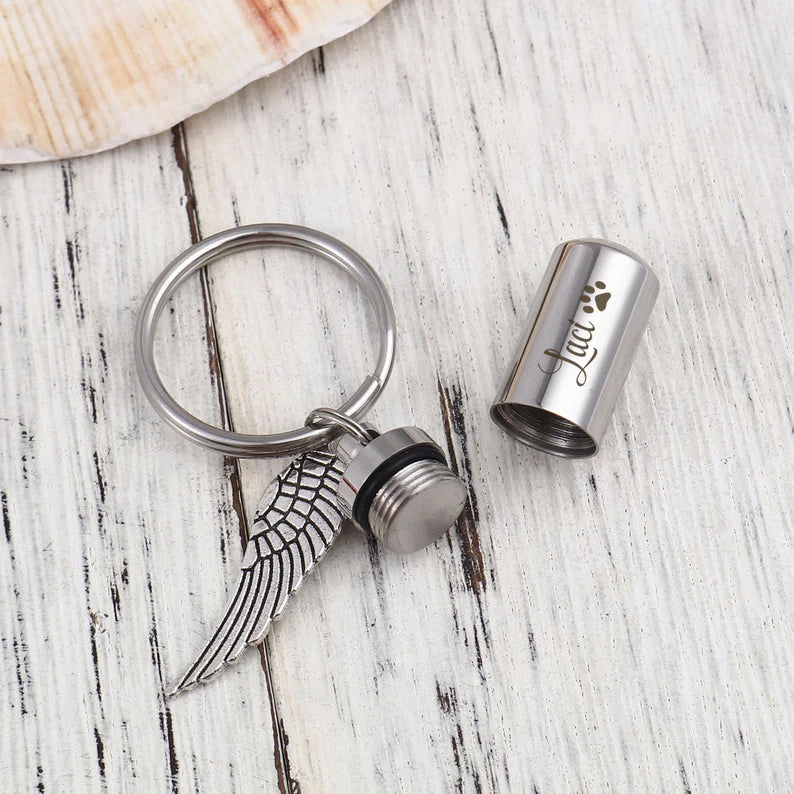 Angel Wing Charm Polish Cylinder Memorial Key Chain