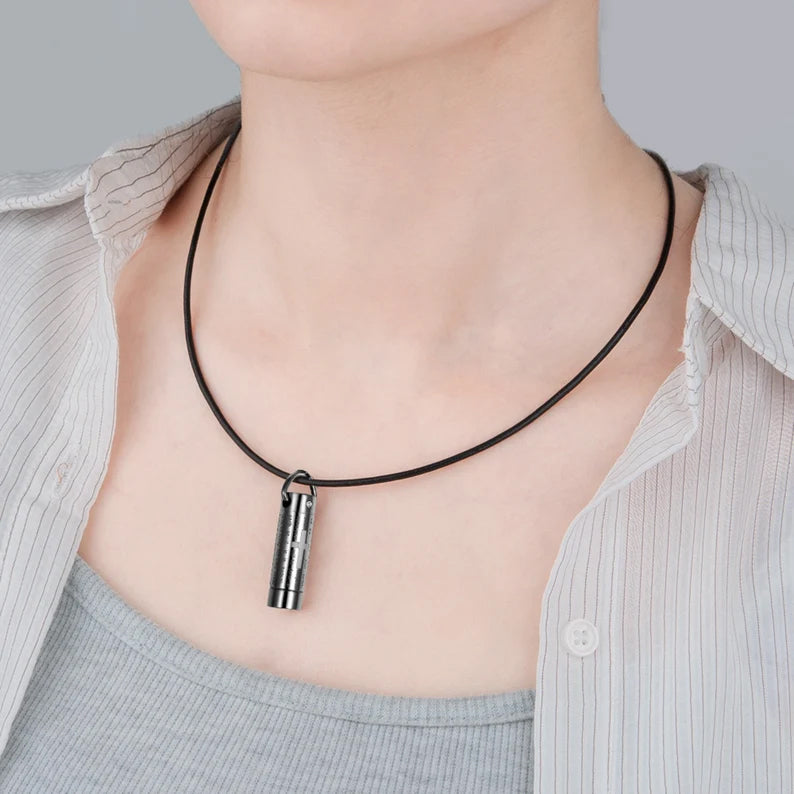 Black Our Father Prayer Cross Cylinder Memorial Necklace