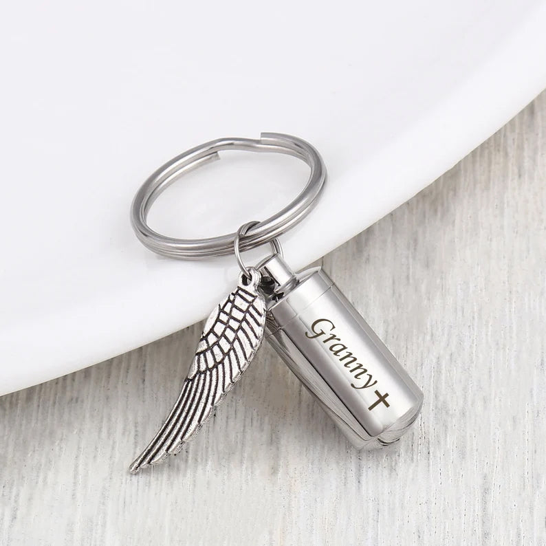 Angel Wing Charm Polish Cylinder Memorial Key Chain