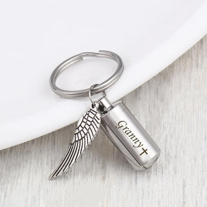 Angel Wing Charm Polish Cylinder Memorial Key Chain