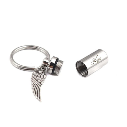 Angel Wing Charm Polish Cylinder Memorial Key Chain