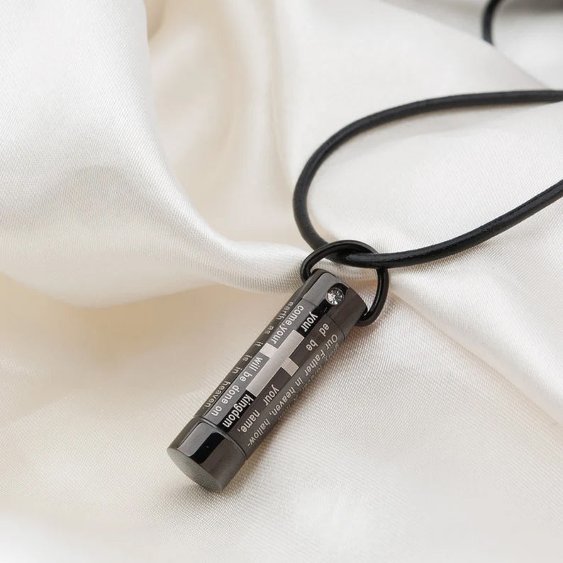 Black Our Father Prayer Cross Cylinder Memorial Necklace