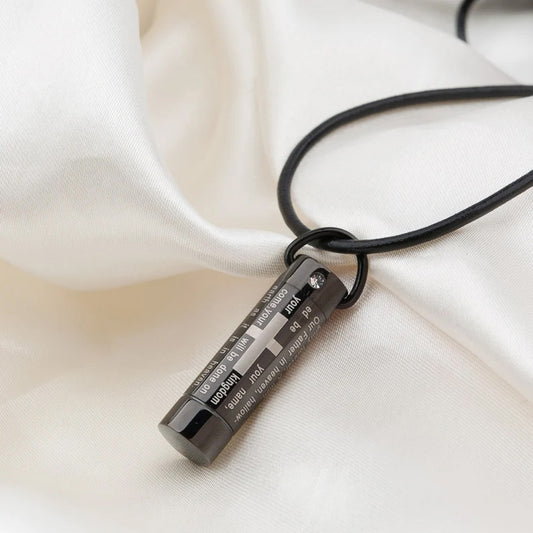 Black Our Father Prayer Cross Cylinder Memorial Necklace