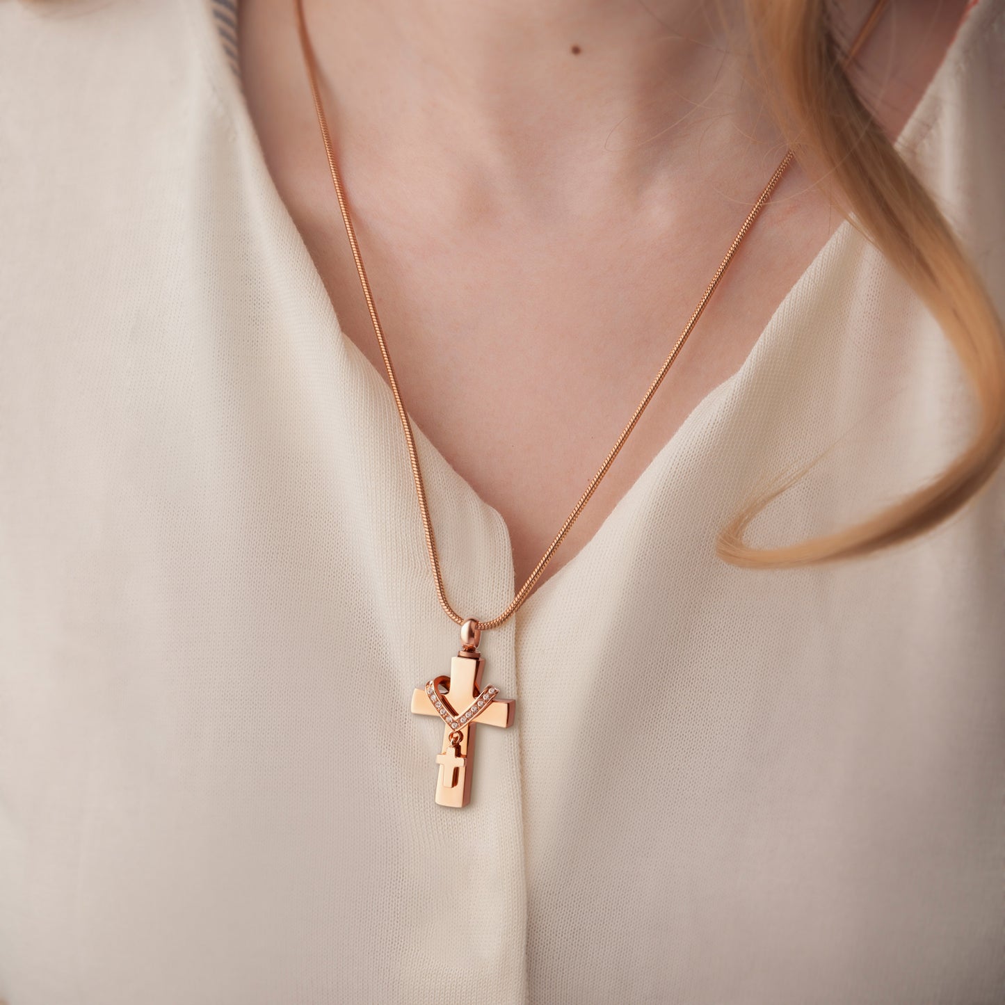 Rose Gold Premium Collet Cross Memorial Necklace