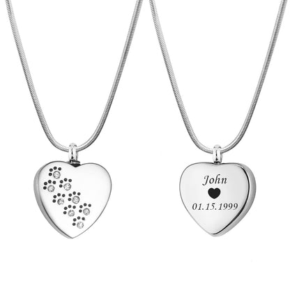 Crystal Dog Paw Print Trail Heart Memorial Necklace