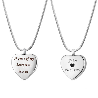 "A piece of my heart is in heaven" Heart Memorial Necklace