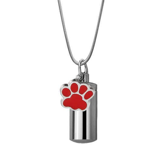 Cylinder with Paw Print Charm Pet Memorial Necklace