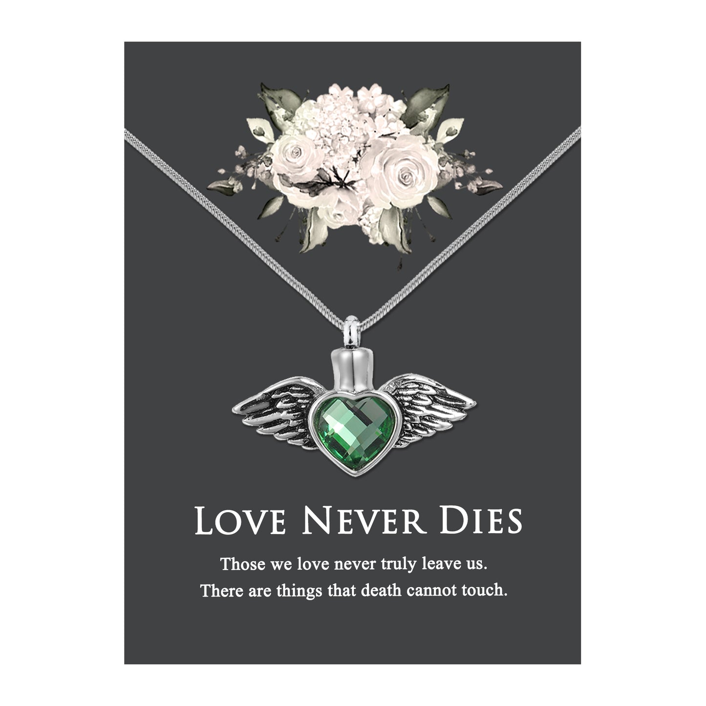 Love Never Dies Green Crystal Angel Wing Memorial Necklace