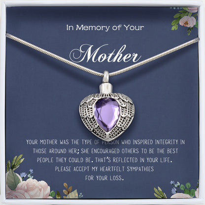 In Loving Memory of Your Mother Birthstone Heart Memorial Necklace